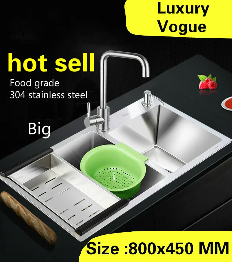 

Free shipping Kitchen manual sink double groove high capacity wash vegetables wogue 304 stainless steel big 800x450 MM