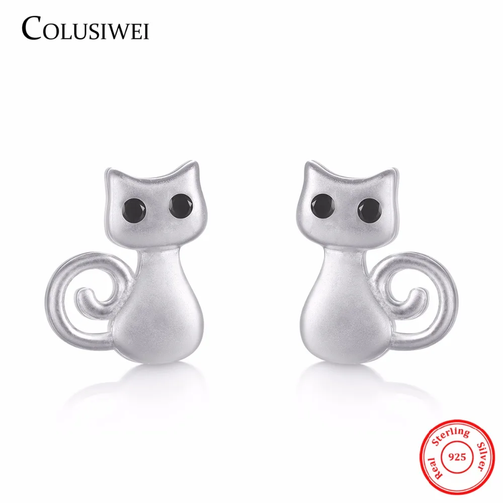 New Lovely Cute Cats Stud Earrings Natural Obsidian Silver 100% 925 Sterling For Women Wedding Jewelry Brincos | Украшения и