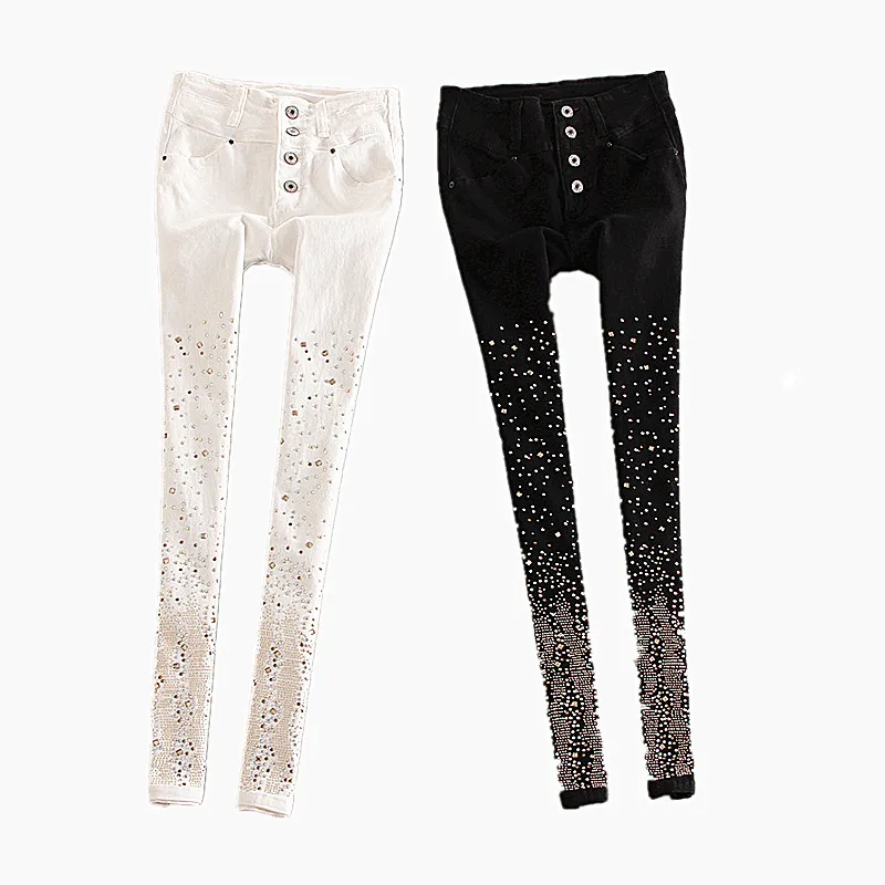 New 2019 Women Fashion Diamond Jeans Casual Denim Pants Woman Skinny Trousers Elastic Pencil lager Size jeans | Женская одежда