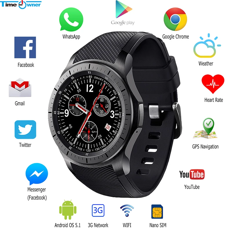 Smart Watch 3G DM368 Android 5.1 GPS Wifi Support SIM 1.39" Display Quad Core Bluetooth 4.0 Heart Rate Monitor SmartWatch Men |