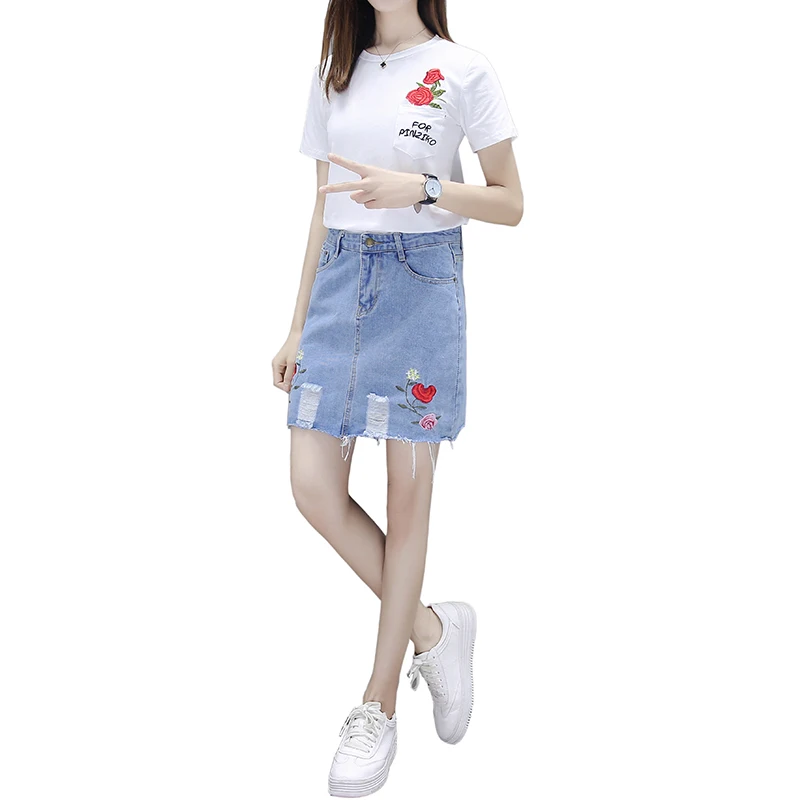 

Summer Women Sweatshirt Rose Embroidery Skirt Short Sleeve T-Shirt Embroidery Denim Skirt Two-Piece Outfit