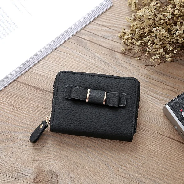 Black Wallet Женский кошелек на тонкой молнии, Женский кошелек, женские короткие кошельки из искусственной кожи, милый женский кошелек с бантом, мини-чехол для карт, женские кошельки - Цвет: Black Wallet