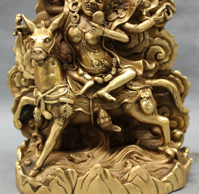 song voge gem S2488 8&quot Tibet Brass Buddhism Protect Deity 4 Arms Mahakala Buddha Ride Horse Statue | Дом и сад