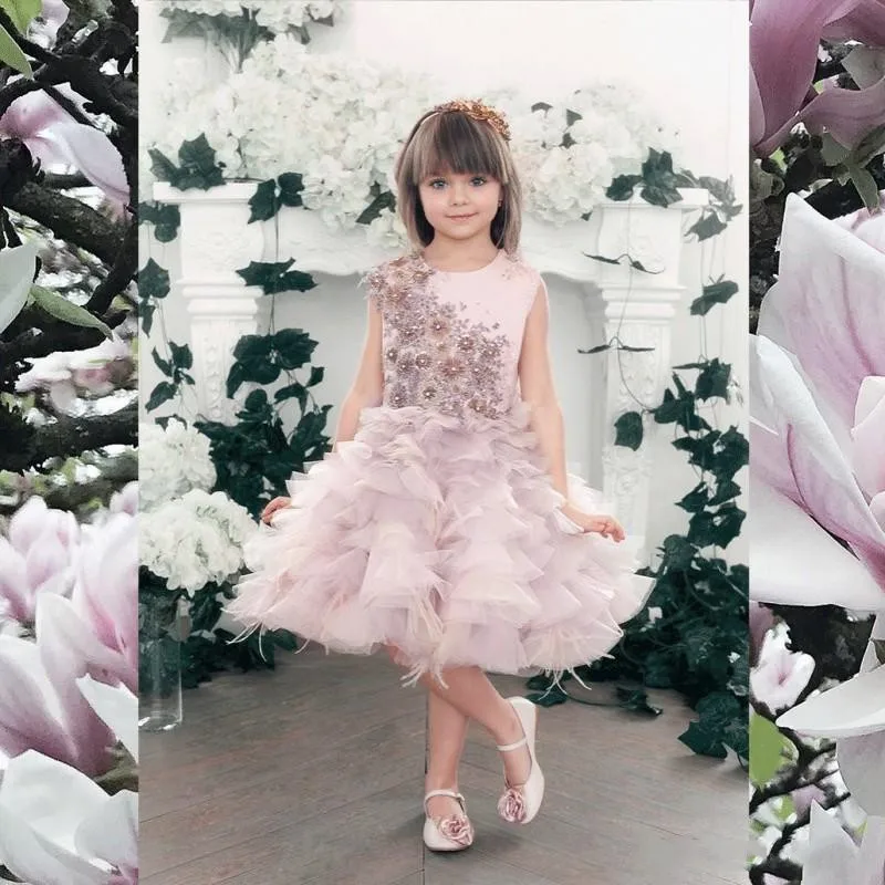 New Cute Flower Girl Dresses Lace Beaded Appliques Feather O Neck Sleeveless Little Girls Birthday Pageant Gown Any Size | Детская