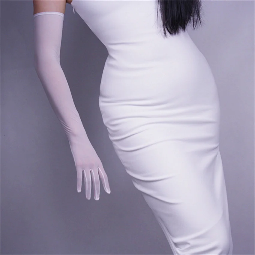 

Hot Sale White Elastic Bud Silk Gauze Gloves Women'S Seasons Ultra-Thin Long 52CM Paragraph Retro Touch Screen TBWS52