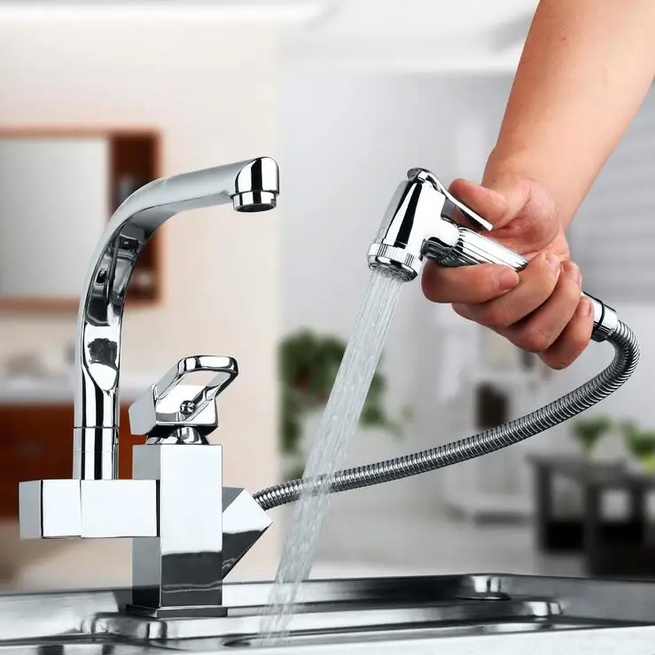 Rotated kitchen sink basin faucet hot and cold Stretched pull down Copper dish mixer tap chrome | Обустройство дома