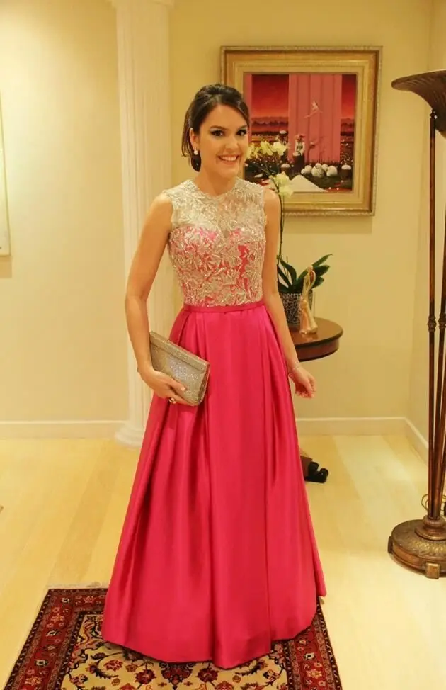 Vestidos De Fiesta Арабский Вечерние Платья Дубай Пром 2015 Экипаж Декольте Ярко Розовый Де