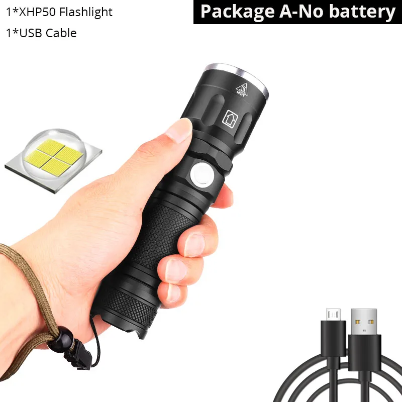 Package A-NO Battery Самый мощный светодиодный фонарь XHP50 с 5 режимами освещения, масштабируемый фонарь с батареей 18650 или 26650 для наружных фонарей - Испускаемый цвет: Package A-NO Battery