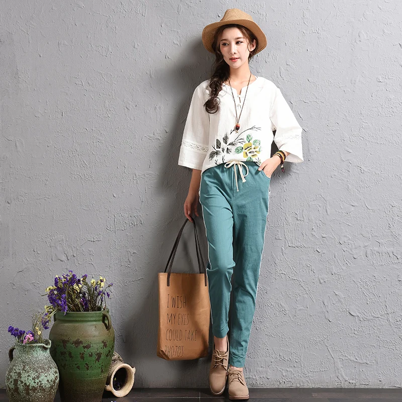 Gecadyny Твердые упругие талии белье хлопок женские брюки Свободные повседневные