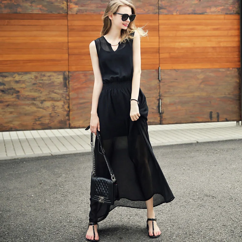 Лидер продаж 2020 Черное Шифоновое пляжное женское платье сексуальное Макси