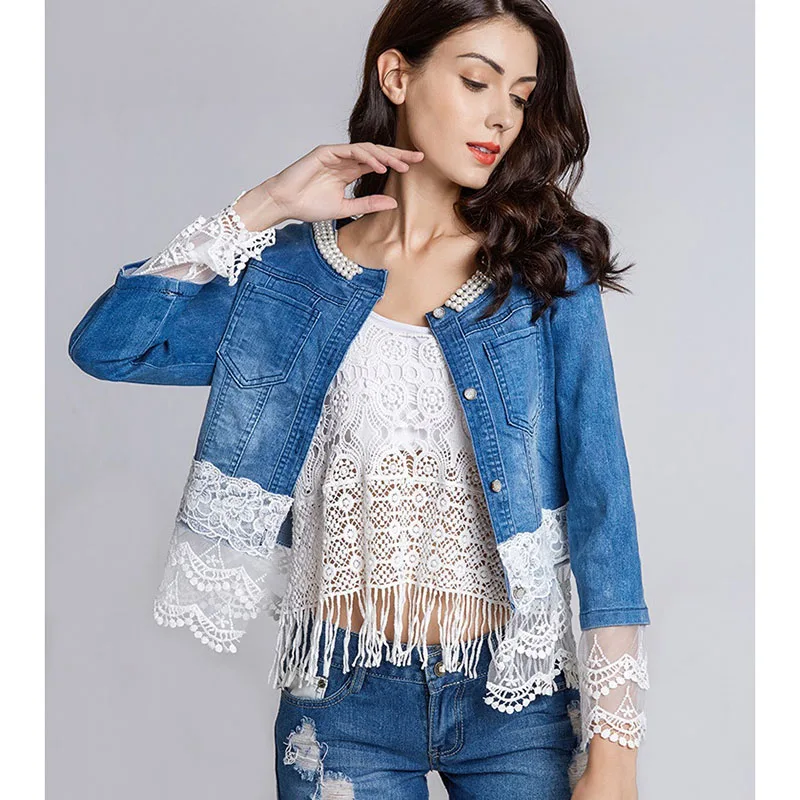 Женская джинсовая куртка большого размера с вышивкой бисером и кружевом осенняя