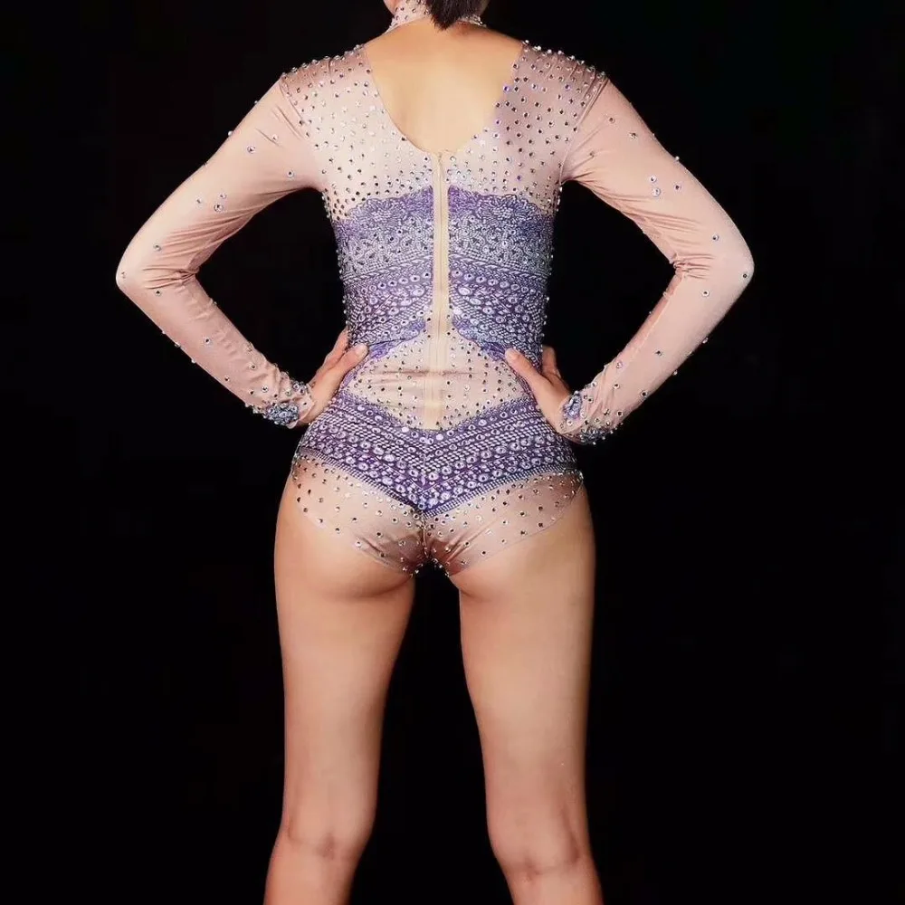 Sexy Glisten Rhinestones Stretch Printed Bodysuit Birthday Party Evening Celebrate Outfit Women Singer Dance Stage Bodysuit