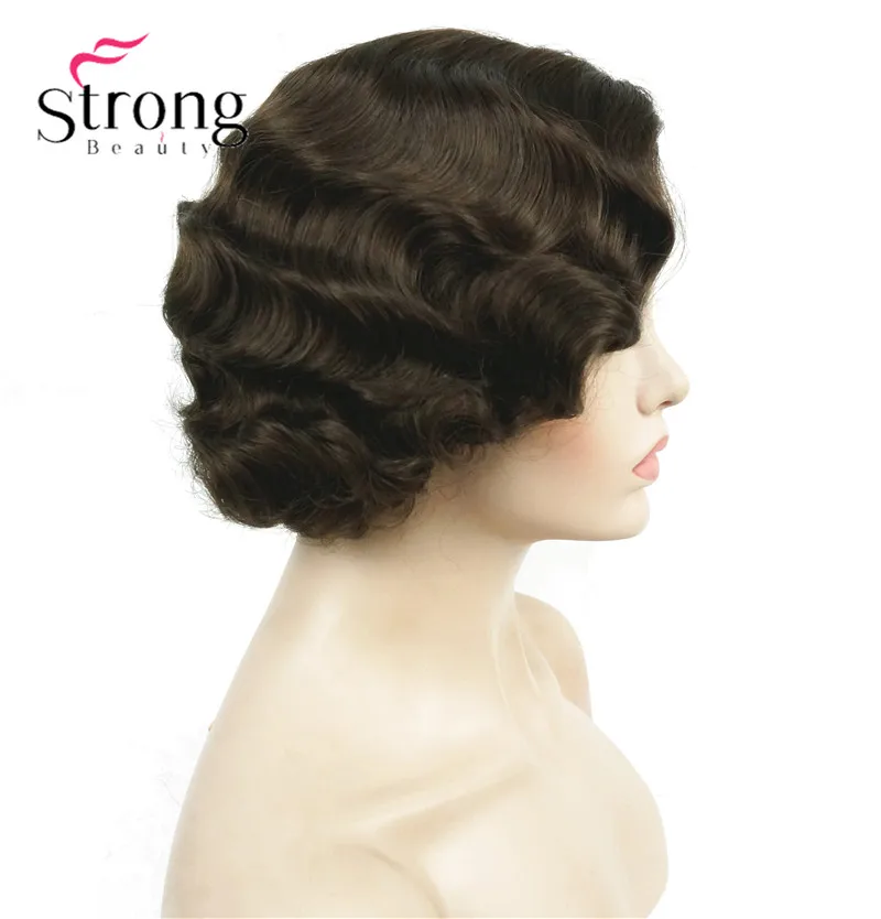 StrongBeauty 1920's Flappers Короткий Палец Волна светильник блонд полный синтетический парик - Цвет: 8 Medium Brown