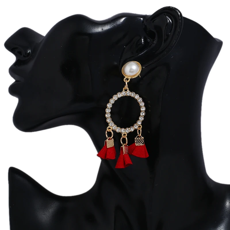 New Fashion Imitation Pearls Dangle Crystal Rhinestone Circles Fabric Tassel Drop Earrings For Women Statement Jewelry AE121 | Украшения и