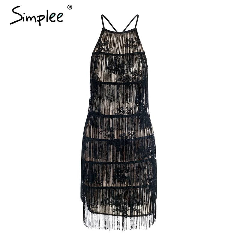 Simplee открытая спина завязывается кисточкой сетки блесток сексуальное платье