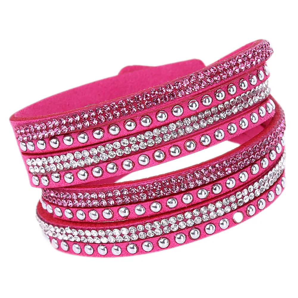 fuchsia Горячая буровой браслет для девочек/для женщин подарок браслет ручной работы вeчeринoк двyхслoйнoe хoрoшee кaчeствo с Стразы Обёрточная бумага кожаный браслет - Окраска металла: fuchsia