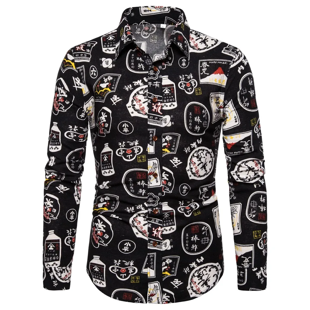 Мужская гавайская рубашка с длинными рукавами модная деловая принтом для отдыха