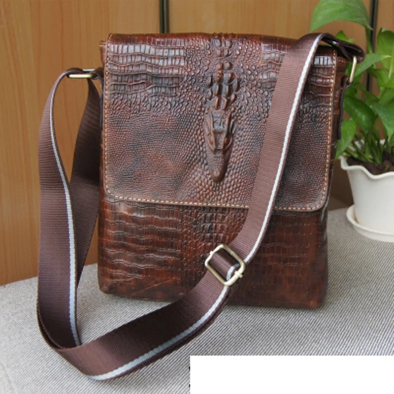 Мужской портфель из натуральной кожи с тиснением под крокодила|men shoulder bag|male