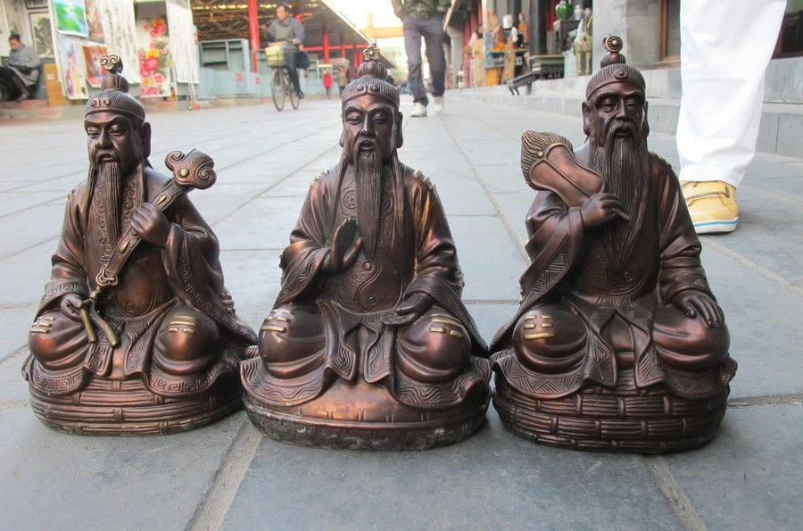 

Chinese Folk Red Bronze Three Qing Taoism Taoist Classic Buddha statue Set