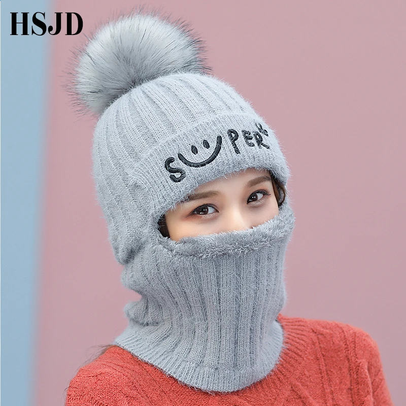 Новинка Балаклава из кроличьего меха вязаные зимние шапки для женщин плотные