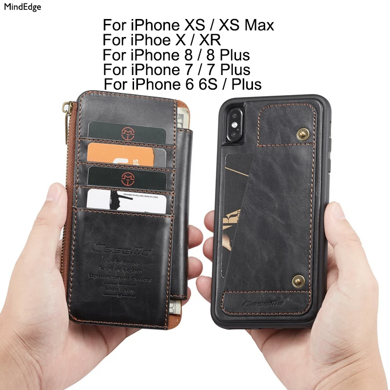 Съемный флип чехол на молнии с карманом для iPhone X XR XS Max кожаный бумажник роскошный