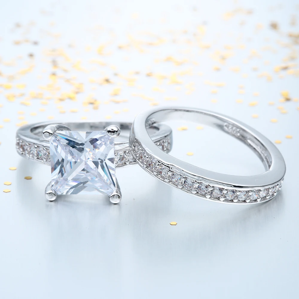 vintage silver plated promise Rings sets new fashion large square zircon jewelry gift princess Engagement Ring for women | Украшения и