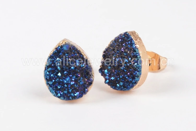Blue BOROSA распродажа, 5 пар, Золотая цветная слеза, Натуральный Druzy Титан, смешанные цвета, Drusy, серьги-гвоздики, ювелирные изделия для женщин G0912 - Окраска металла: Blue