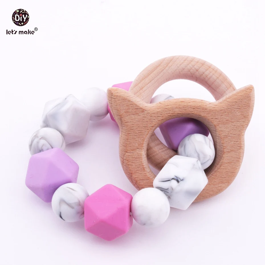Lets Make Baby Teether Marble Silicone Beads Beech Wooden Animal Pendant Handmase Jewelry For Mommy Rattles Nursing Bracelet