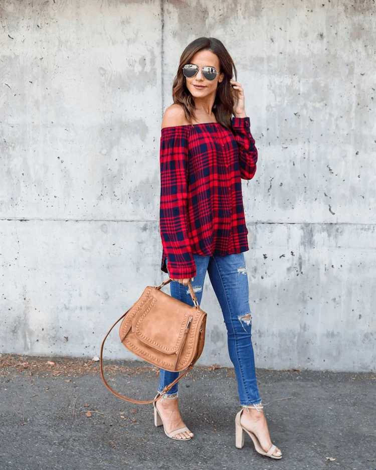 2018 Spring Autumn Women Casual Plaid Off Shoulder Blouse Shirts Fashion Button Red Classical Long Sleeve Tops |