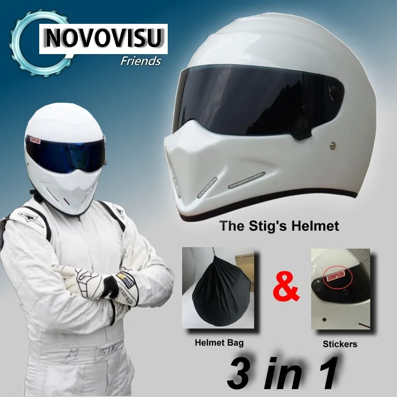 

For NOVOVISU The STIG Helmet + Bag + SIMPSON Sticker 3 in 1 / White Helmet Capacete Casco De with Black Visor Top Gear Shop