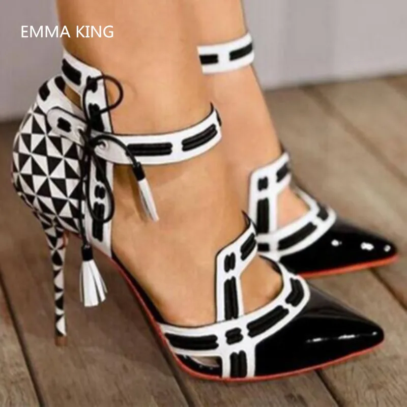 mixed colors Emma king/черно-белые разноцветные туфли на шпильке; Tacones Zapatos De Mujer; модные женские туфли-лодочки с острым носком на высоком тонком каблуке со шнуровкой - Цвет: mixed colors