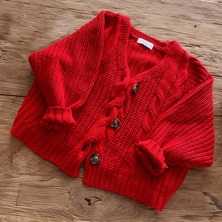 Colorfaith Korean Style Women's Sweater Autumn Winter 2019 Red V-Neck Cardigans Casual Solid Single Breasted Loose Tops SW358 |