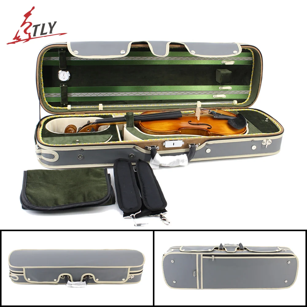 

High Grade Rectangle Violin Case Plywood & Gray Imitation Leather+Green Pleuche w/ Belt for 4/4 3/4 1/2 1/4 1/8 Violin