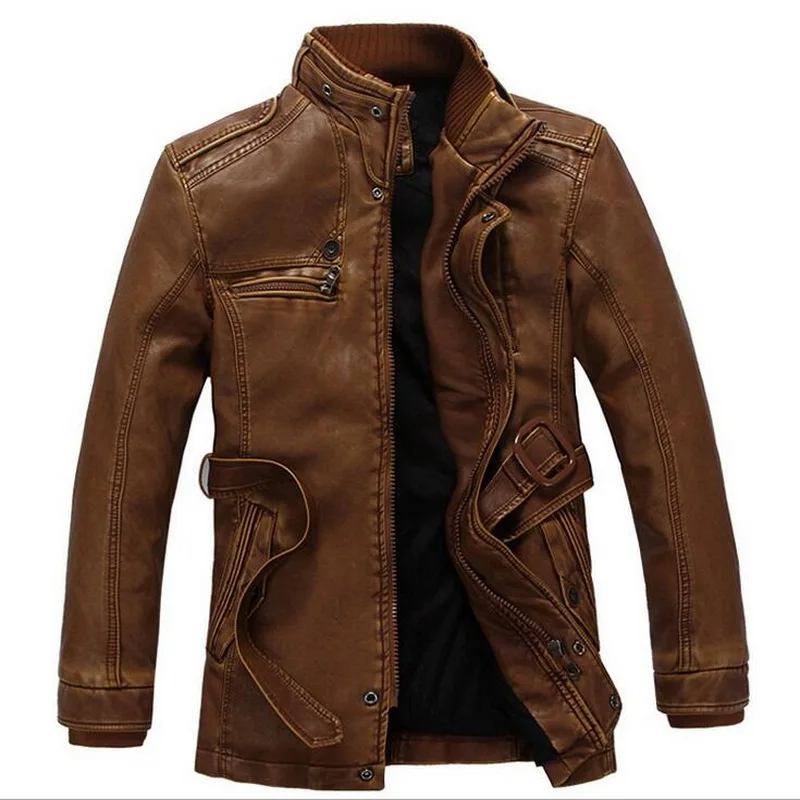 

Men Leather Jacket Velvet Warm PU Leather Coat Fashion Leather Outwear Vintage Warm Jacket With Belt Asia Size M-6XL
