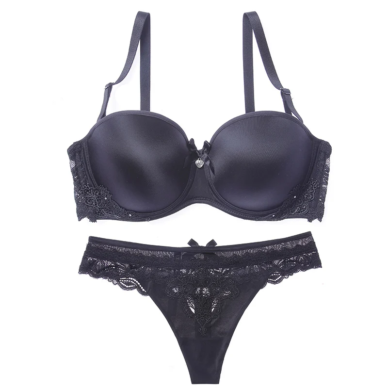 BLACK Lilymoda, женский бюстгальтер, трусы, комплект, сексуальное бесшовное женское белье, Т-образные стринги, пуш-ап, чашка 1/2, бюстгальтер и нижнее белье, Комплект трусов - Цвет: BLACK
