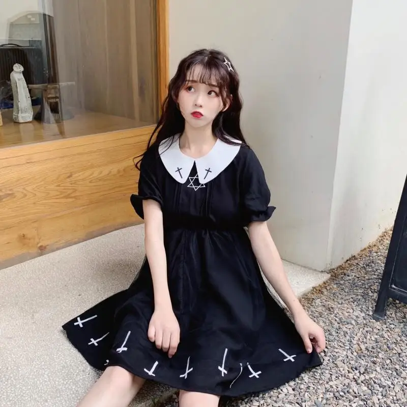 Крест Косплэй Kawaii платье в японском стиле летние Платье черного цвета со