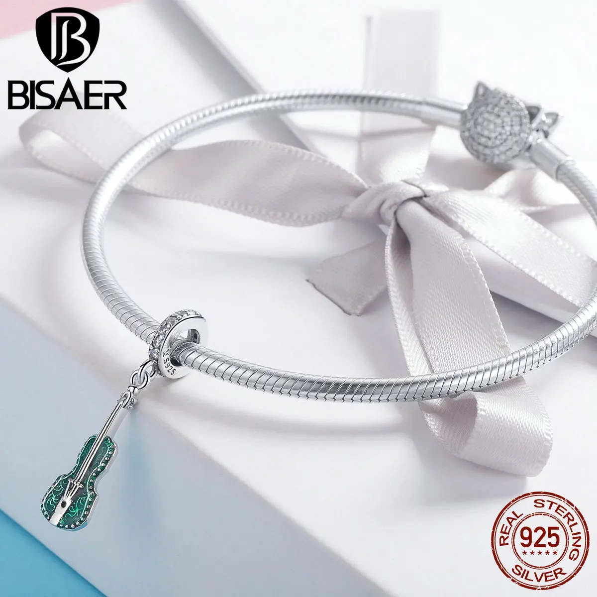 BISAER 925 пробы серебро Музыка Скрипка талисманы зеленый кубический циркон кулон в виде скрипки подходят для женщин Браслеты и ожерелья ювелирные изделия ECC1097