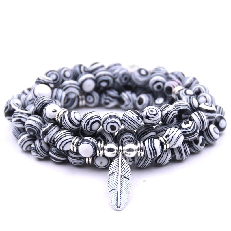 Black Malachite Йога браслет с подвеской в виде пера 8 мм 108 мала Natural Energy Stone ручная вышивка стразами браслет или ожерелье медитации 18 стилей - Окраска металла: Black Malachite