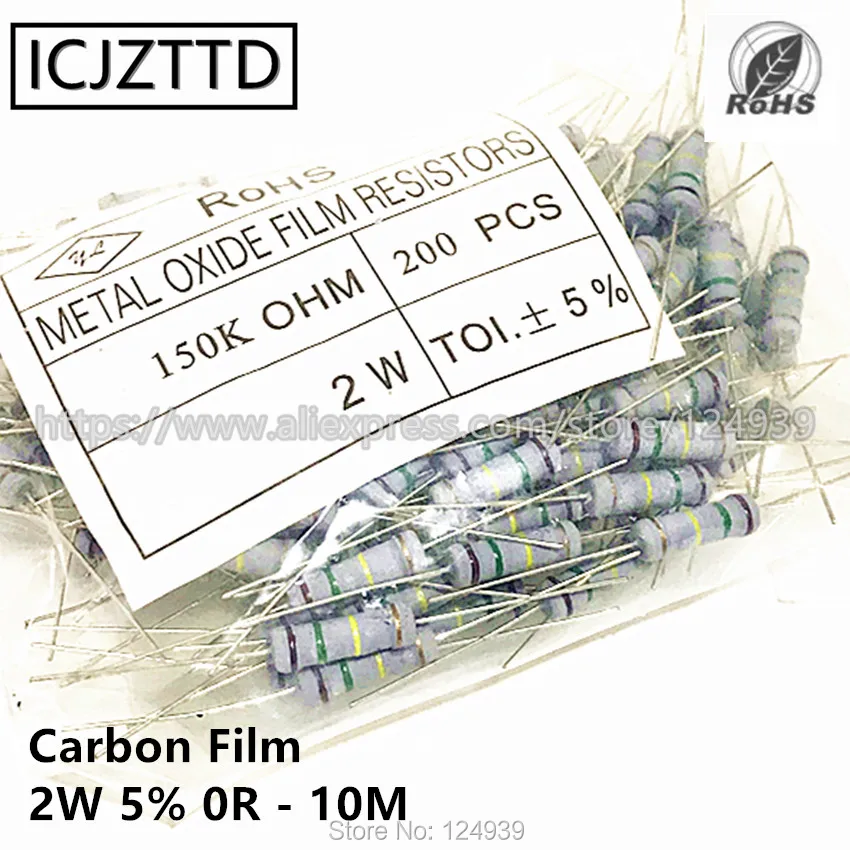 

200pcs/bag 2w 5% 2W Carbon Film Resistor 5% 0R 1R 1.2R 1.5R 1.8R 2R 2.2R 2.4R 2.7R 3R 3.3R 3.6R 3.9R 4.3R 4.7R 5.1R 5.6R 6.2R