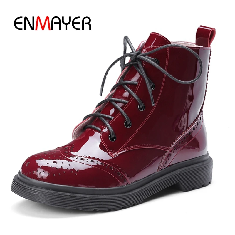 

ENMAYER New fashion women solid red lace up ankleboots lady fashion round toe flat with boots Size 34-39 ZYL813