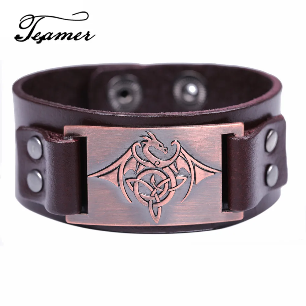 brown leather copper Teamer Винтаж Wicca символ Triqueta Талисман Дракон браслеты для мужчин черный с коричневой тесьмой кожаные браслеты крутые регулируемые ювелирные изделия - Окраска металла: brown leather copper