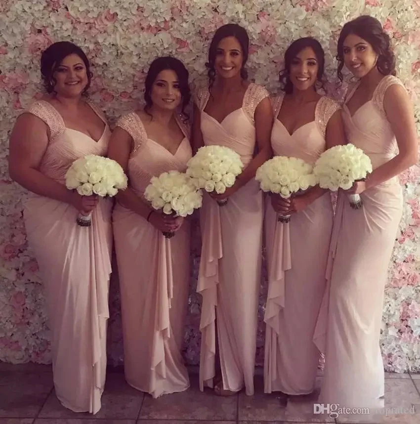 Розовый 2017 арабский невесты платья рукава cap-line бисером шифона maid of honor длинные