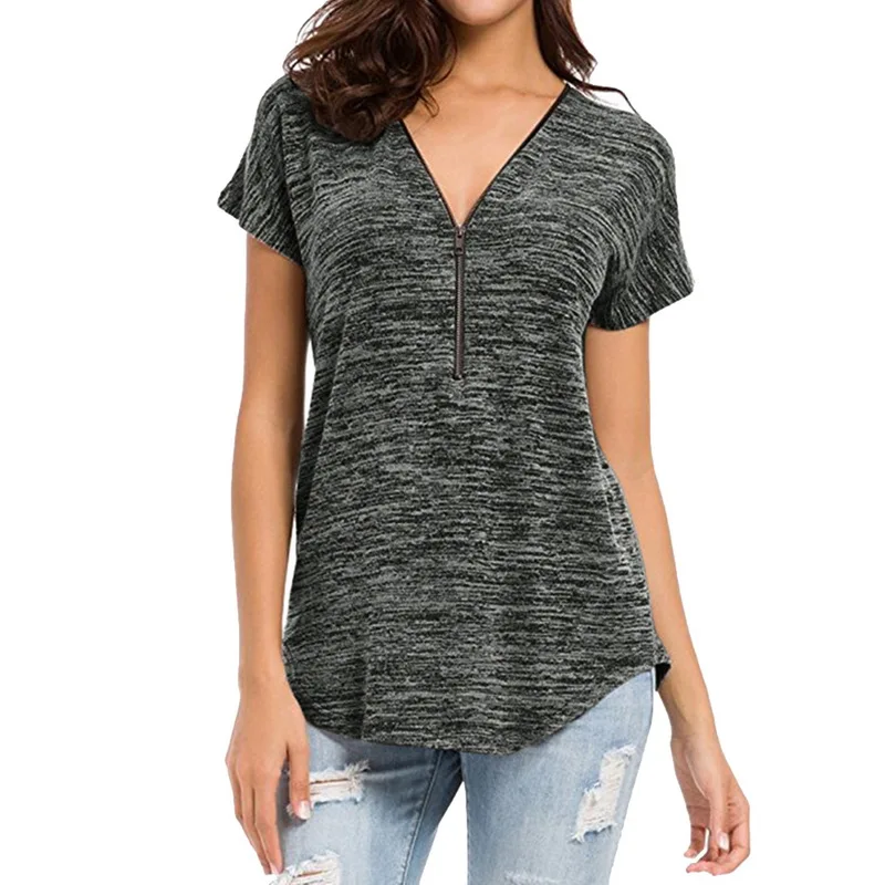 Женские Модные хлопковые трикотажные футболки на молнии с короткими рукавами 2019