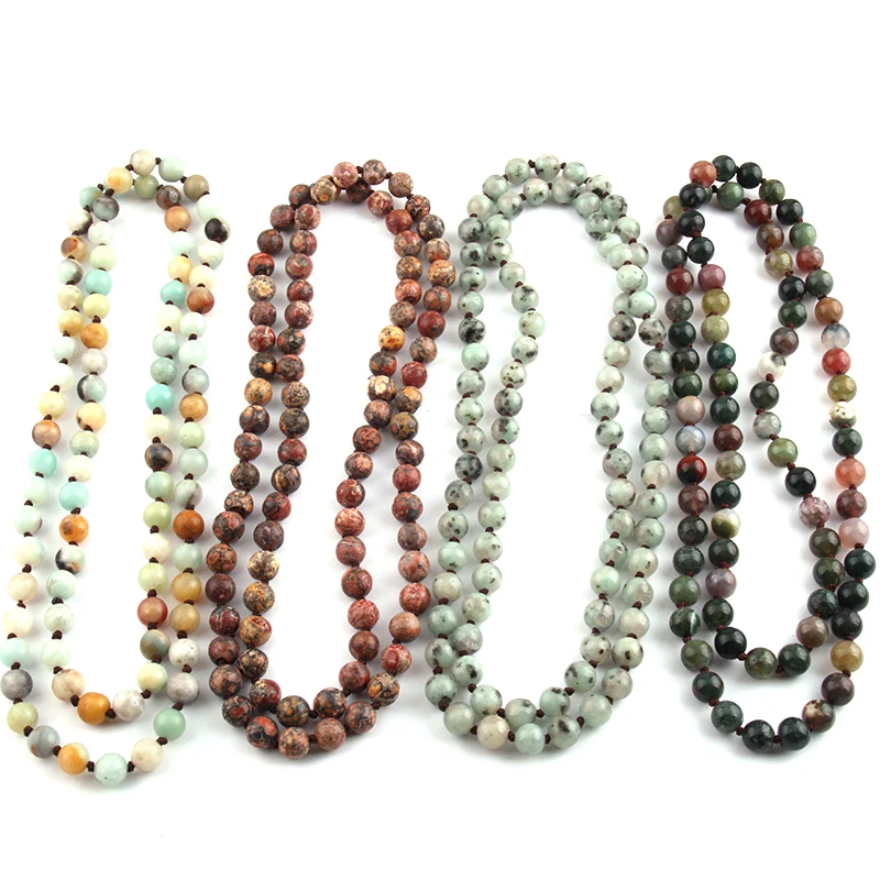 

Wholesale Fashion Semi Precious Stones Beads Statement Necklaces long Knotted Beads Necklace