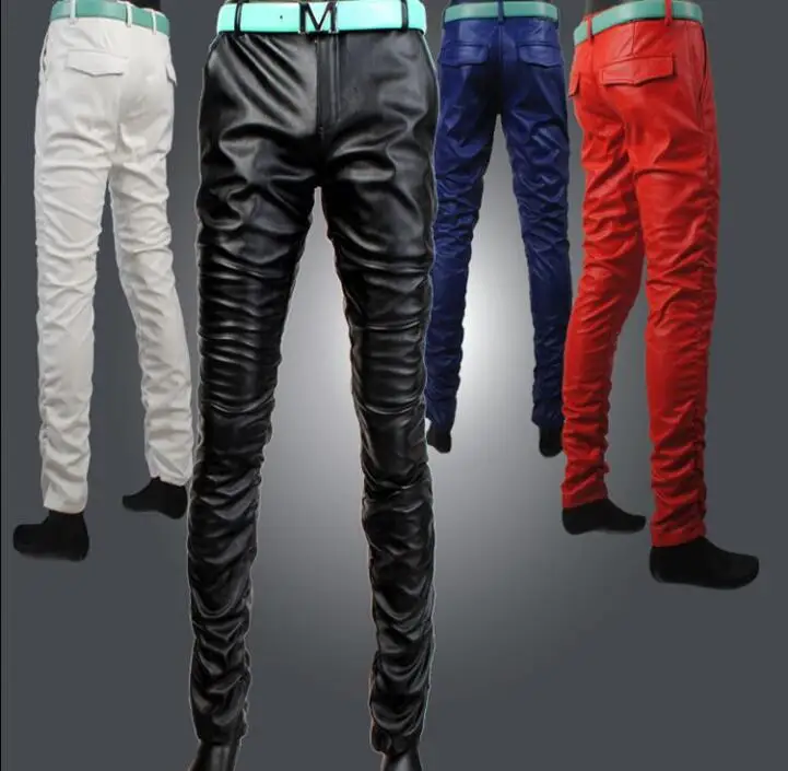 personality fashion motorcycle faux leather pants mens feet pants  velvet pu trousers for men pantalon homme