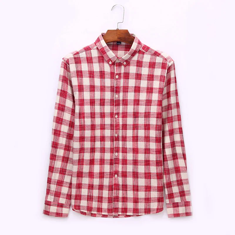 Spring Autumn Fashion Plaid Shirt Men 100% Cotton Long Sleeve Red Buffalo Check Linen Style Casual Shirts Slim Fit | Мужская одежда