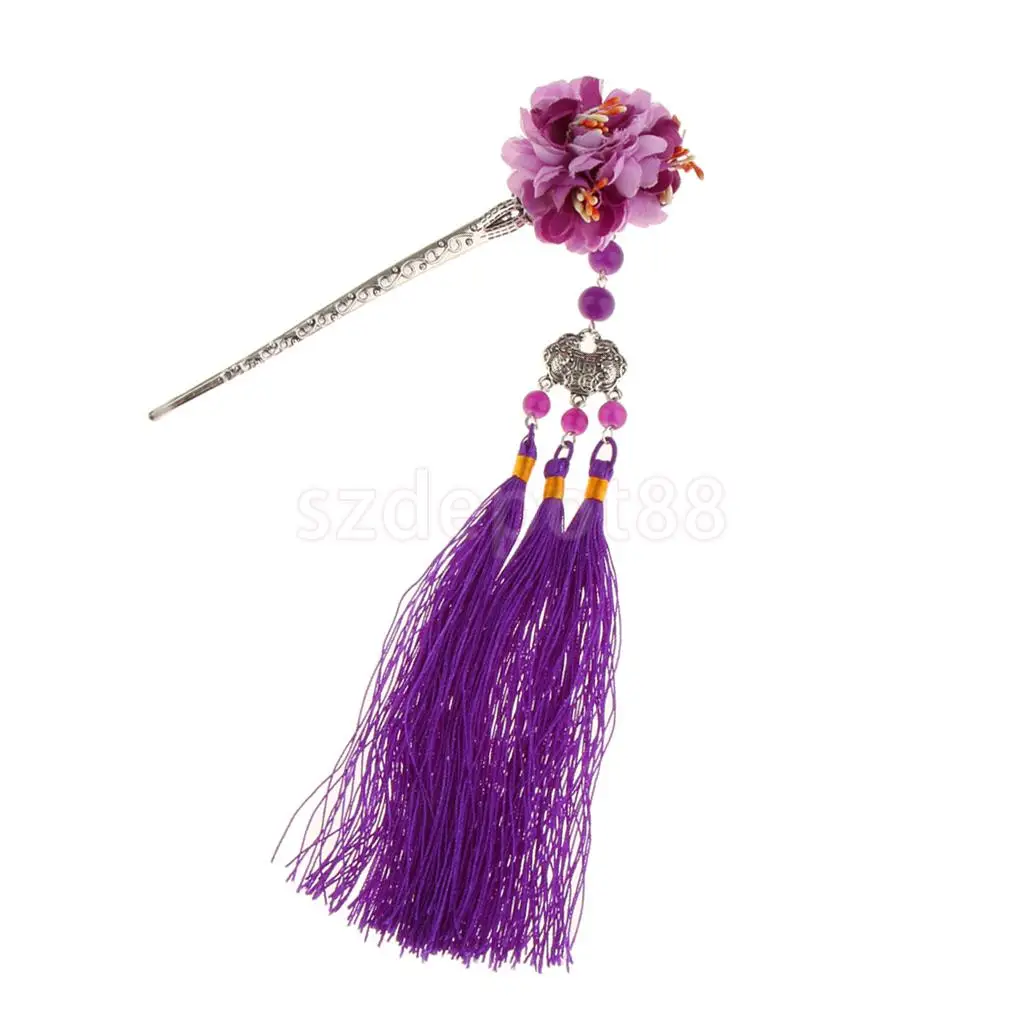 Purple Заколка для волос с цветами Kanzashi Tassel Chignon Винтаж для кимоно Hanfu - Цвет: Purple
