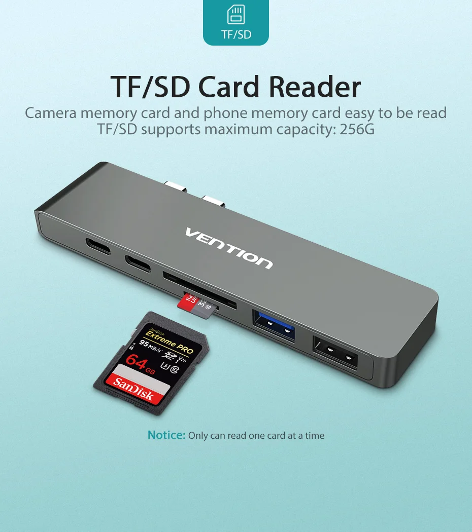 Адаптер Vention USB C с двумя портами type-C-HDMI 4K USB 3,0 SD/TF PD Thunderbolt 3 для MacBook Pro Air / type-C
