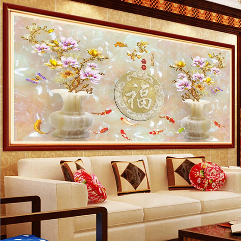 Алмазная вышивка сделай сам Круглый Алмаз цветок магнолии девять рыбок полная