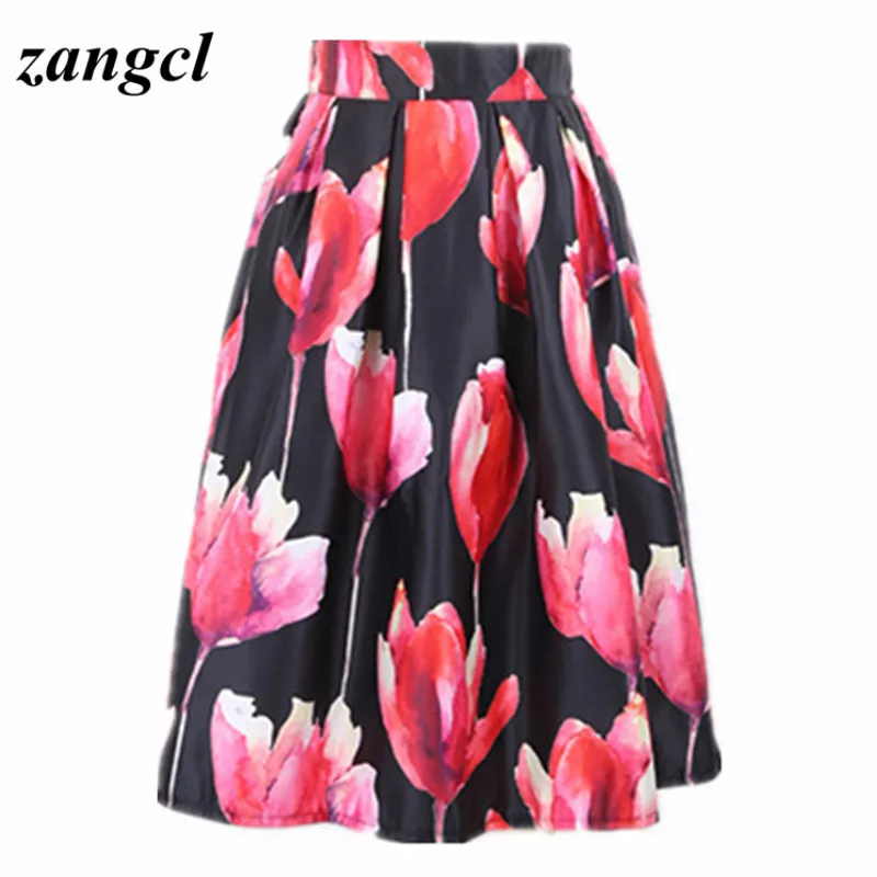 Zangcl модные летние Tulip печатных юбка Для женщин плиссированные эластичный Высокая